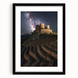 Elegant black frame showcasing a stunning landscape painting of a castle, complete with a white mat, perfect for home decor or art collection. Ideal for enhancing interior aesthetics.