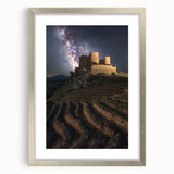 Elegant silver-framed landscape artwork showcasing a majestic castle surrounded by lush greenery, perfectly matted for a polished presentation, ideal for home decor.