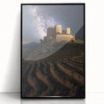 Framed acrylic artwork showcasing a stunning landscape with a majestic castle, featuring a sleek black frame and vibrant colors, ideal for home decor.