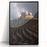 Framed acrylic artwork showcasing a stunning landscape with a majestic castle, featuring a sleek black frame and vibrant colors, ideal for home decor.