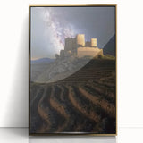Framed acrylic artwork showcasing a stunning landscape with a castle, featuring a gold border and front view display, ideal for home decor and interior design.