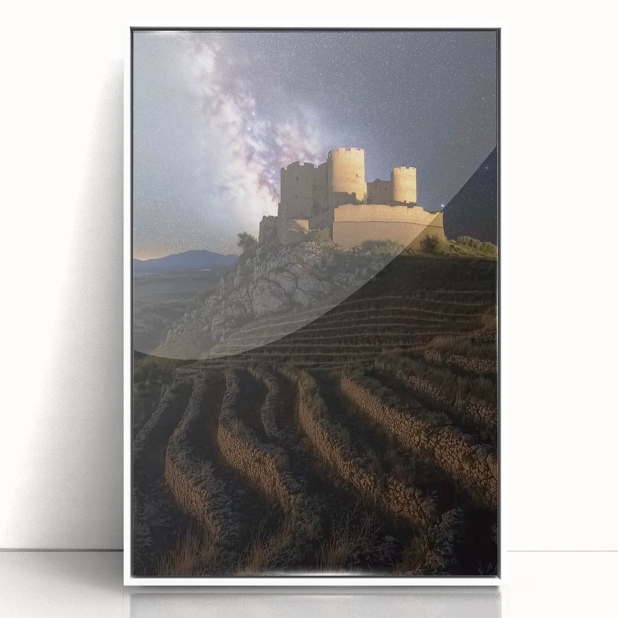 Framed acrylic artwork depicting a picturesque landscape with a majestic castle, showcasing vibrant colors and intricate details, ideal for home decor.
