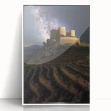 Framed acrylic artwork depicting a picturesque landscape with a majestic castle, showcasing vibrant colors and intricate details, ideal for home decor.