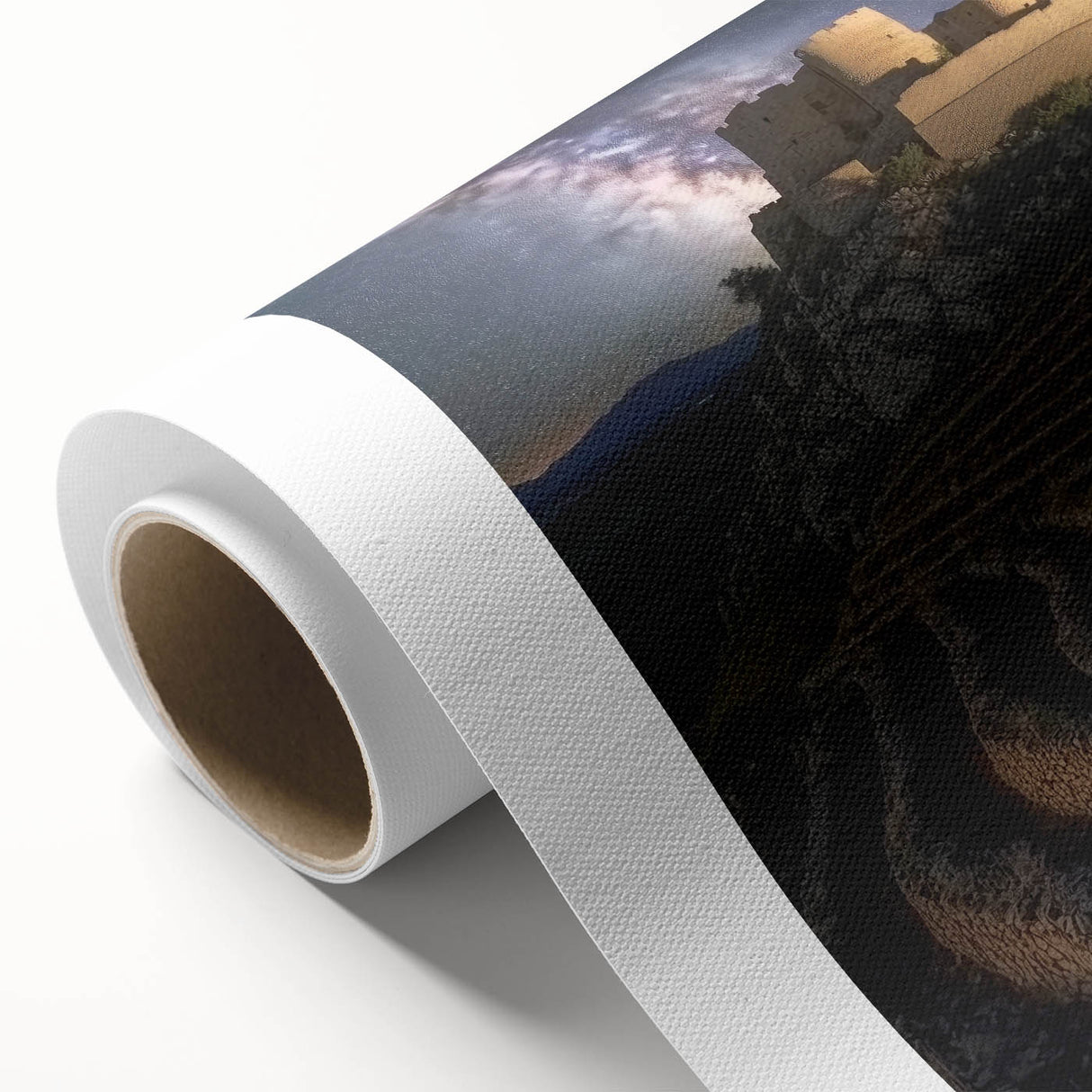 Stunning rolled canvas featuring a detailed landscape of a majestic castle surrounded by lush greenery, perfect for home decor or office spaces.