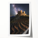 Rolled print showcasing a vibrant landscape with a majestic castle nestled among lush greenery, ideal for home decor or art enthusiasts, elegantly packaged for preservation.