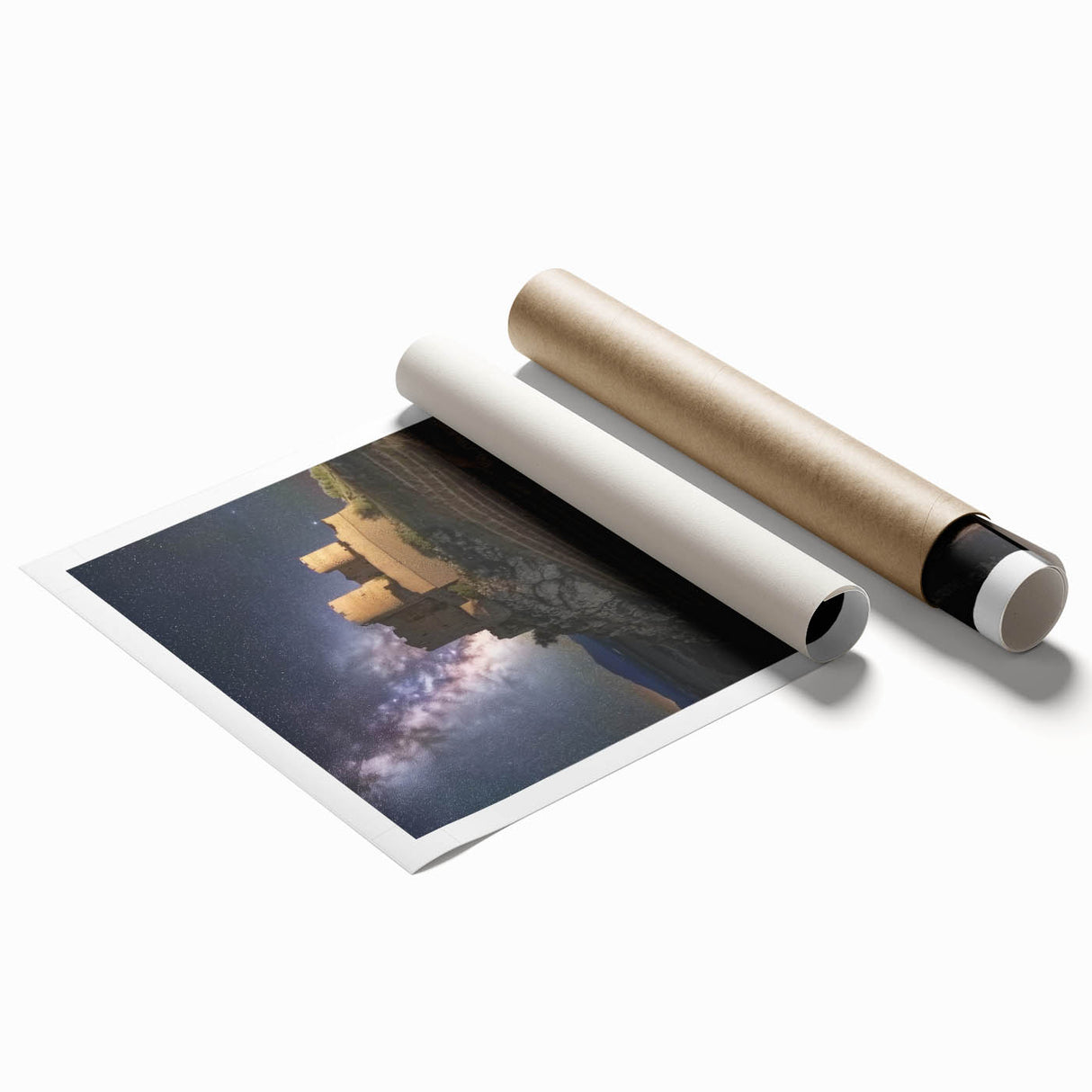 Rolled print showcasing a stunning landscape of a majestic castle surrounded by lush greenery, designed for home decor enthusiasts seeking artistic elegance.
