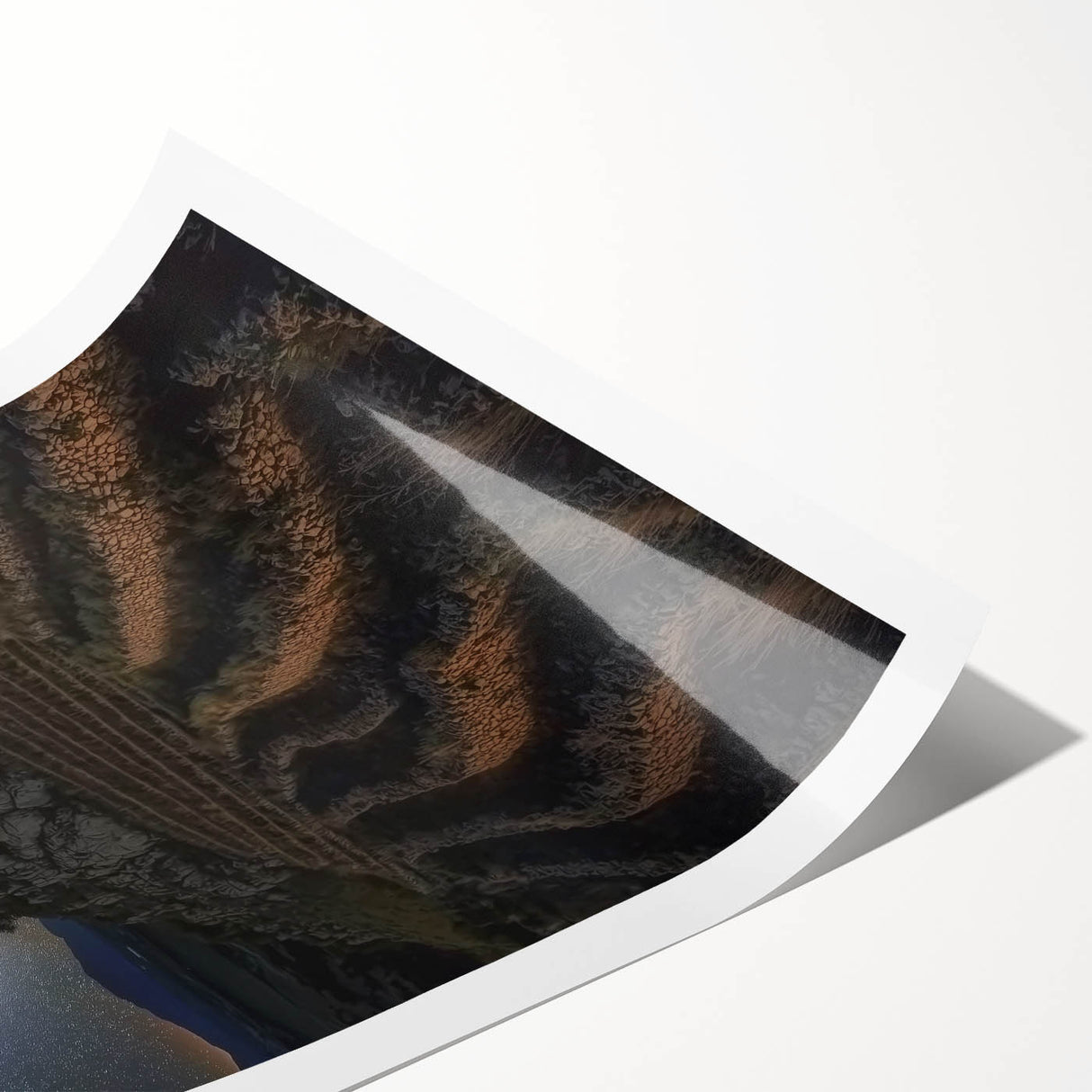 Stunning rolled print depicting a serene landscape with a majestic castle surrounded by lush greenery and vibrant flowers, ideal for home decor.