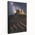 Stretched canvas artwork showcasing a serene landscape with a majestic castle, featuring vibrant colors and intricate details, ideal for home decor.