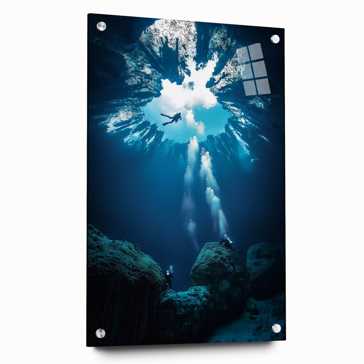 Acrylic glass artwork showcasing a stunning side view of landscapes and caves, featuring vibrant colors and intricate details, displayed with decorative pins for an artistic touch.