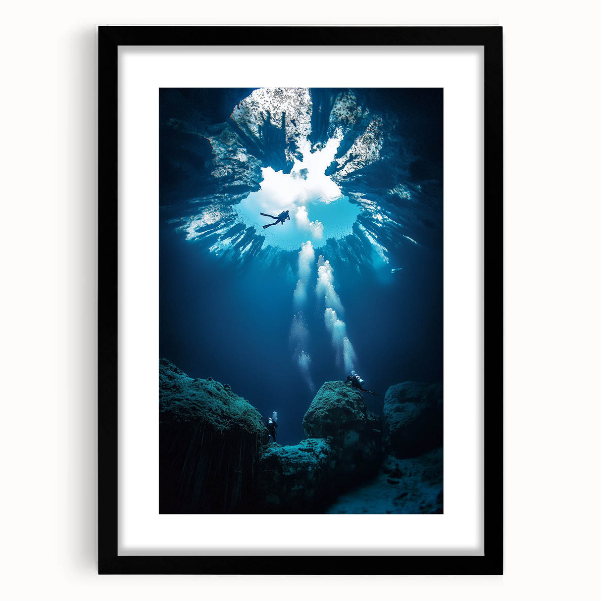 Black-framed landscape artwork depicting intricate cave designs, featuring a mat for added depth, ideal for modern home decor or gallery displays.