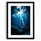Black-framed landscape artwork depicting intricate cave designs, featuring a mat for added depth, ideal for modern home decor or gallery displays.