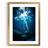 Elegant gold-framed landscape artwork depicting a serene cave scene, enhanced with a white mat for a polished look, perfect for home decor or art collectors.