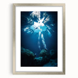 Framed landscape artwork depicting a serene cave scene with silver matting, perfect for home decor. Ideal for nature lovers, enhancing any living space.