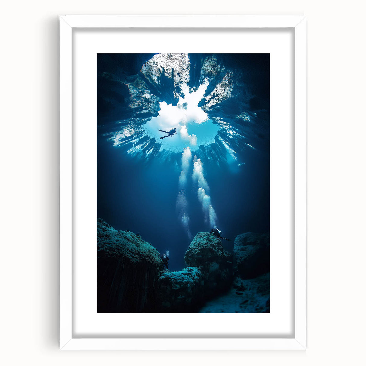 Framed landscape artwork of a cave scene with a white mat, showcasing intricate details and earthy tones, perfect for enhancing home decor aesthetics.