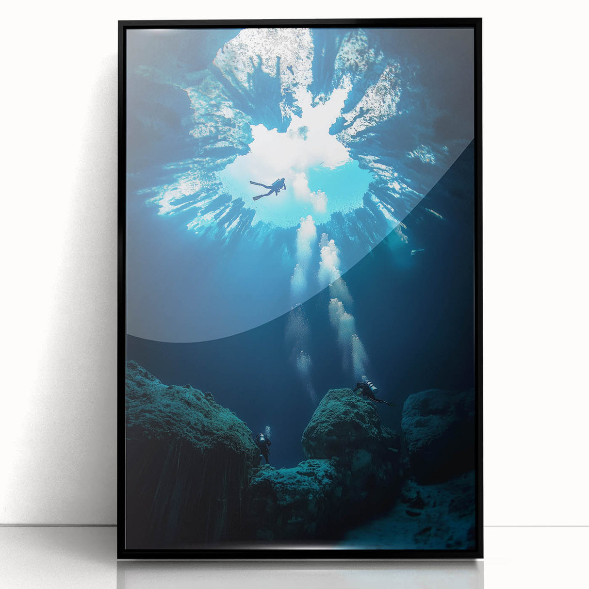 Framed acrylic print showcasing a serene landscape with caves, featuring a black border and a modern design suitable for home decor. Ideal for art enthusiasts seeking unique wall accents.