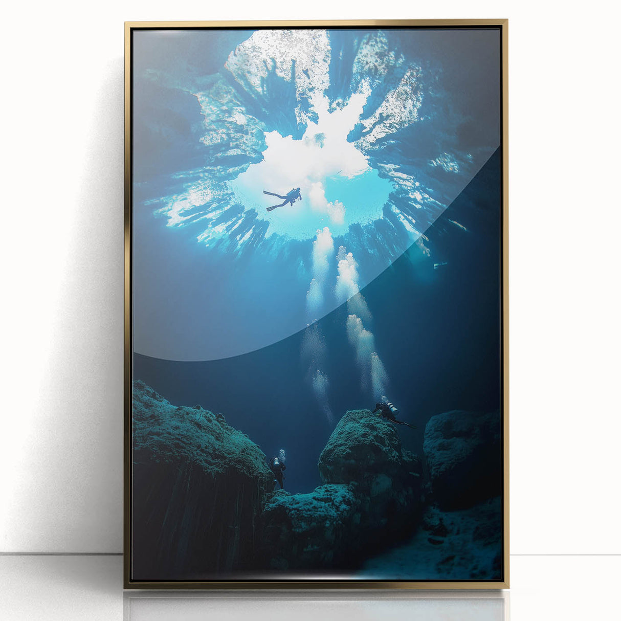 Framed acrylic artwork showcasing a stunning landscape with intricate cave details, accented with a luxurious gold frame, perfect for modern home decor.