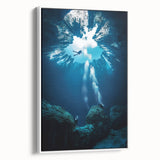 Framed canvas artwork depicting a serene landscape with caves and natural formations, showcasing earthy tones and textures, ideal for home decor enhancement.