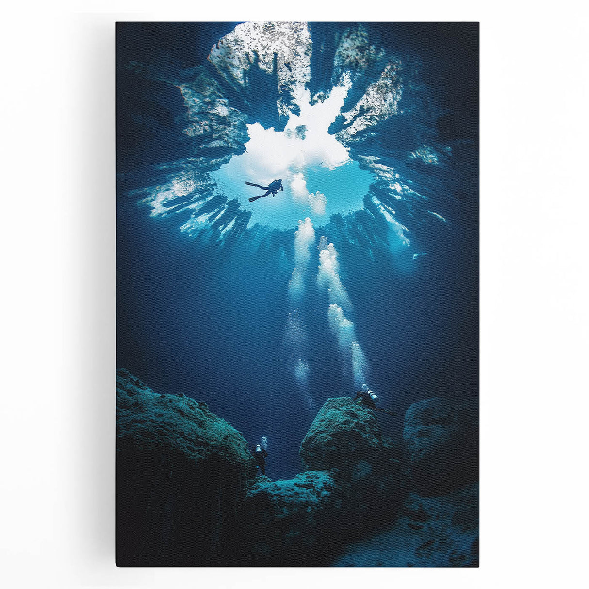Vibrant stretched canvas artwork depicting an intricate landscape of caves, showcasing rich colors and detailed textures, perfect for enhancing home decor.