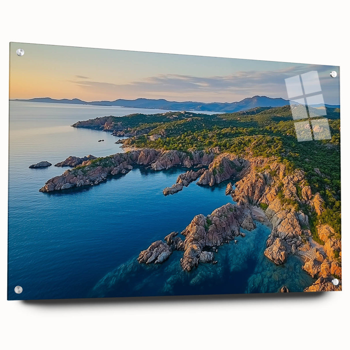Stunning acrylic landscape artwork depicting dramatic cliffs, showcased in a sleek glass frame, with metal pins for secure display, perfect for modern decor.