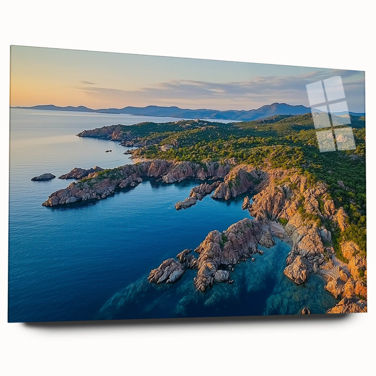 Acrylic glass artwork showcasing a stunning side view of colorful cliffs at sunset, emphasizing vibrant hues and intricate details, ideal for landscape decor.
