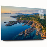 Acrylic glass artwork showcasing a stunning side view of colorful cliffs at sunset, emphasizing vibrant hues and intricate details, ideal for landscape decor.