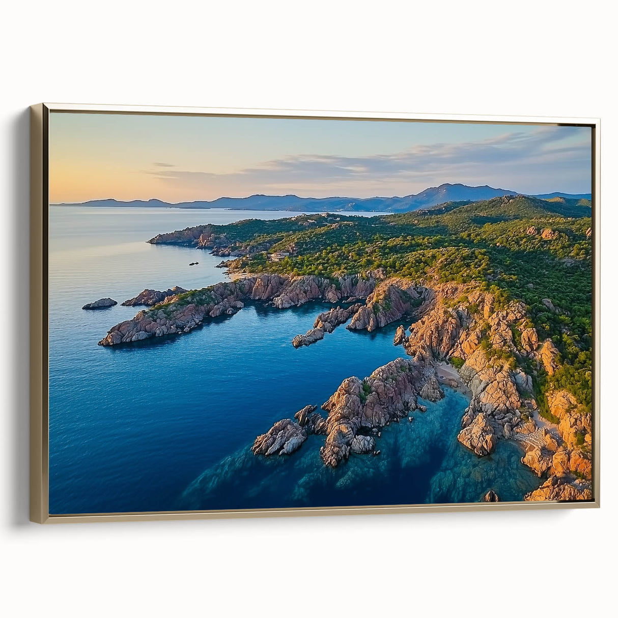 Framed canvas artwork showcasing a dramatic cliff landscape with golden hues, elegantly displayed from a side view, perfect for enhancing modern home decor.