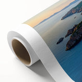 Stunning rolled canvas showcasing a vibrant landscape of cliffs at sunset, featuring rich colors of orange, purple, and blue, ideal for home decor.