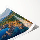 Stunning rolled canvas print showcasing vibrant cliffside landscapes in rich colors, perfect for home decor or art enthusiasts, securely packaged in a protective tube.