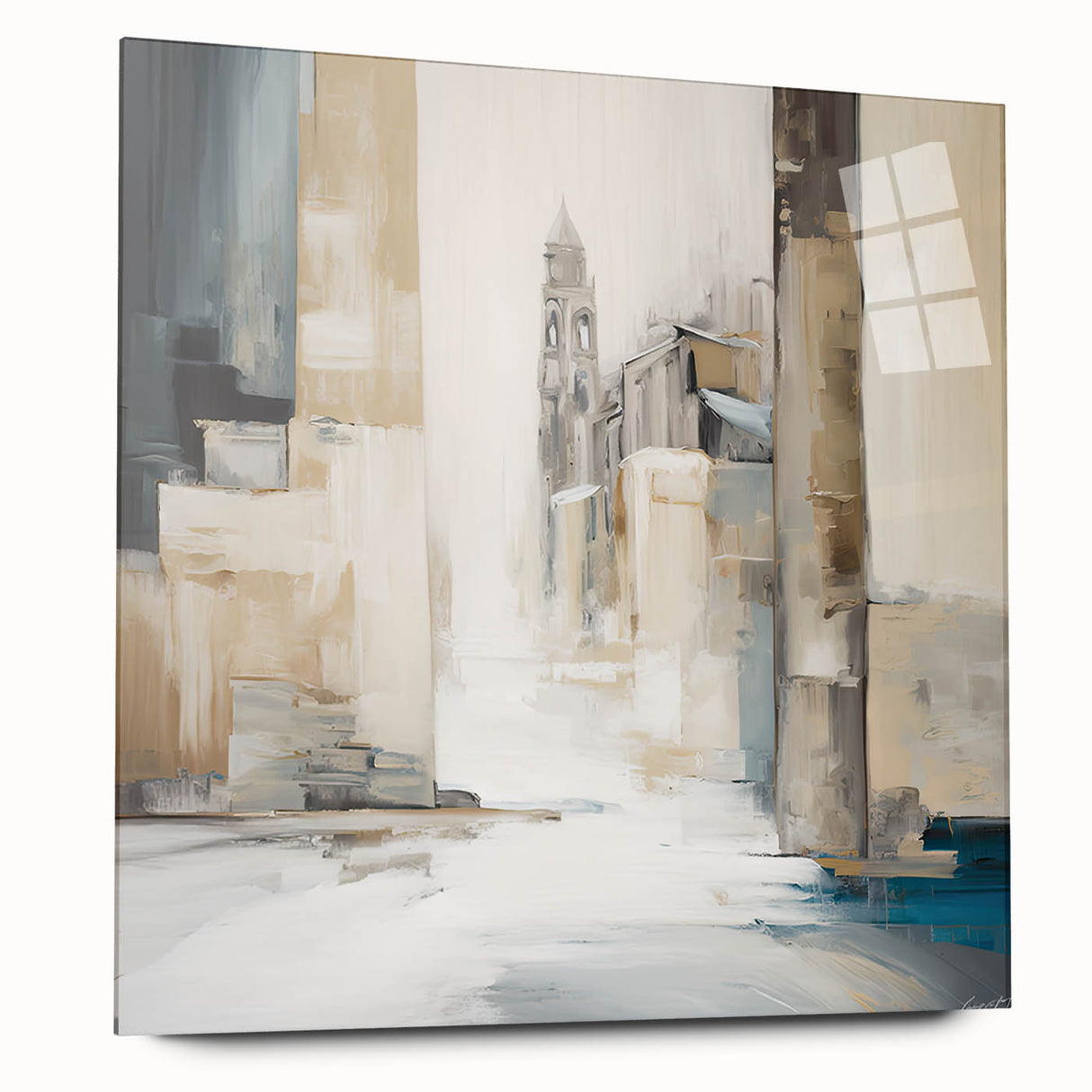 Abstract architecture wall art displayed in a sleek acrylic frame, showcasing geometric patterns and vibrant colors, perfect for modern home decor.