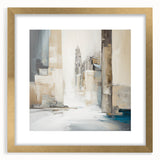 Abstract architecture wall art framed in gold with a mat, showcasing geometric shapes and vibrant colors, ideal for modern home decor.