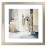 Abstract architectural wall art featuring geometric shapes in neutral tones, framed in a stylish silver mat, perfect for modern home decor. This piece adds a contemporary touch to any interior space.