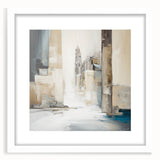 Abstract architectural wall art featuring geometric patterns in soft beige and white hues, framed with a mat for an elegant presentation, perfect for modern decor.