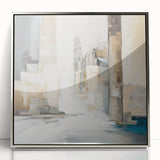 Framed acrylic wall art depicting an abstract architectural design in silver tones, showcasing modern elegance and sophistication, ideal for contemporary home decor.