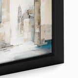 Close-up view of a framed abstract architecture wall art piece showcasing geometric shapes in vibrant blue and orange hues, ideal for modern decor.