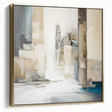 Framed abstract architecture wall art showcasing a blend of silver and gold tones, perfect for modern home decor, enhancing any living space aesthetic.