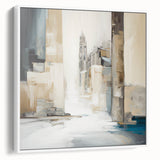 Framed abstract architecture wall art in a white color scheme, showcasing geometric shapes and lines, perfect for modern home decor and office spaces.