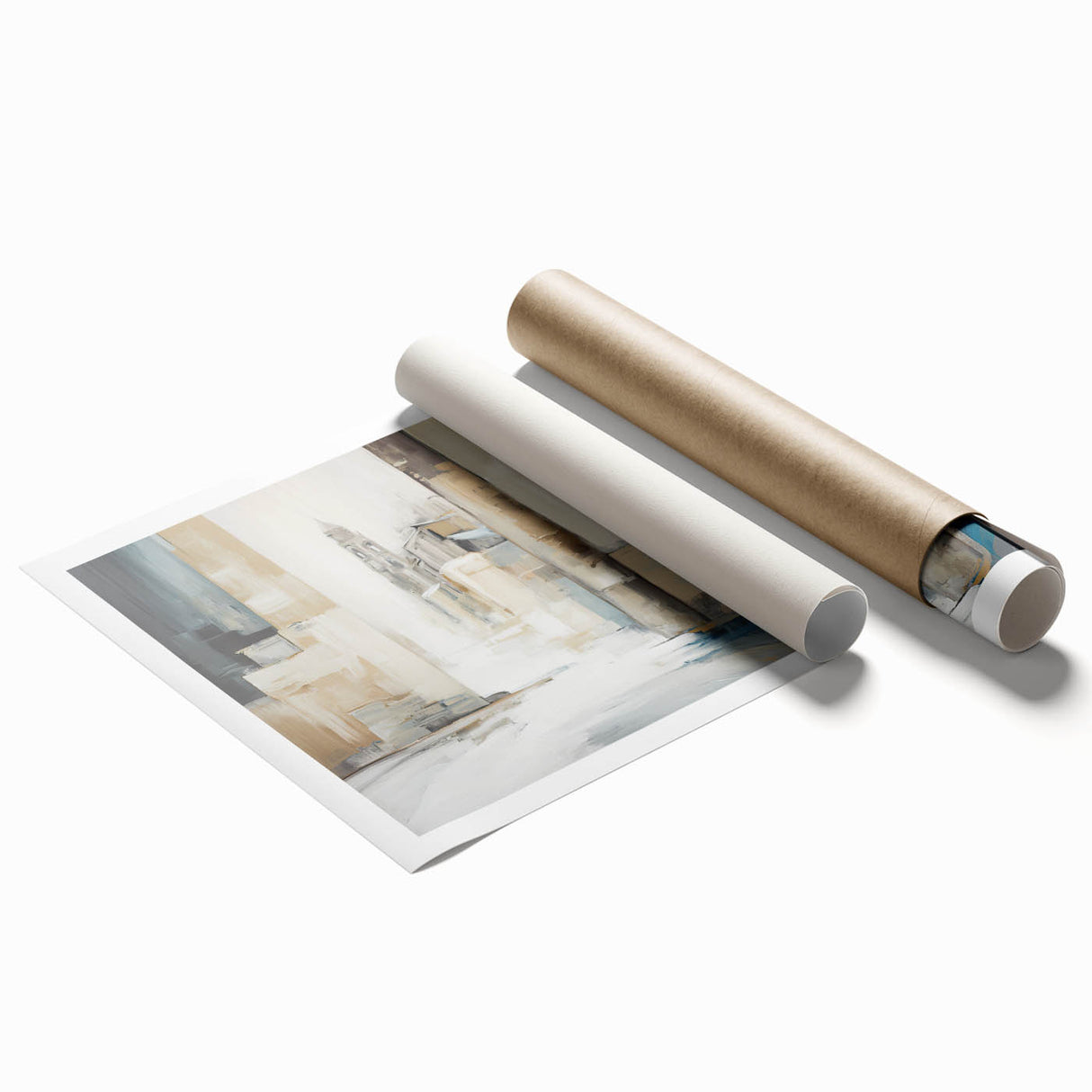 Abstract architectural wall art print showcasing vibrant geometric shapes and lines in a blend of blue and orange tones, rolled and ready for framing.