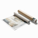 Abstract architectural wall art print showcasing vibrant geometric shapes and lines in a blend of blue and orange tones, rolled and ready for framing.