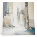 Abstract architecture wall art showcasing geometric shapes and vibrant colors on a stretched canvas, leaning against a neutral-toned wall, ideal for modern interior decor.