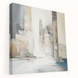 Abstract architecture wall art on stretched canvas, showcasing geometric shapes and vibrant colors, presented from a side view to highlight depth and texture.