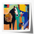 Abstract figurative wall art print showcasing vibrant colors and dynamic shapes, displayed in a glossy finish, ideal for modern home decor and artistic themes.