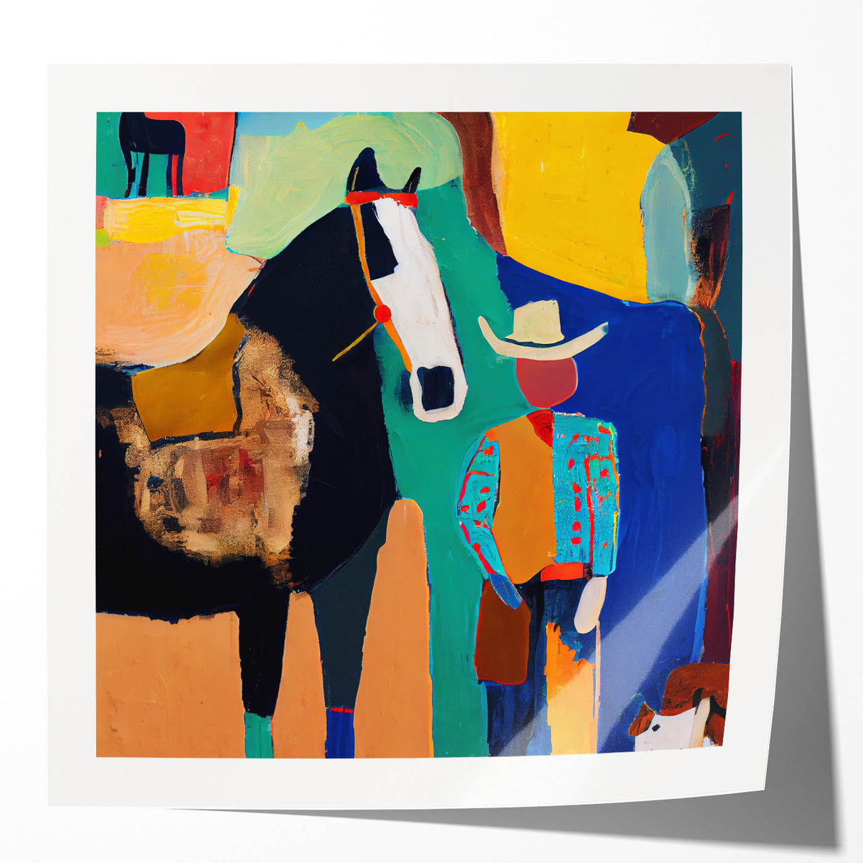 Abstract figurative wall art print showcasing vibrant colors and dynamic shapes, displayed in a glossy finish, ideal for modern home decor and artistic themes.