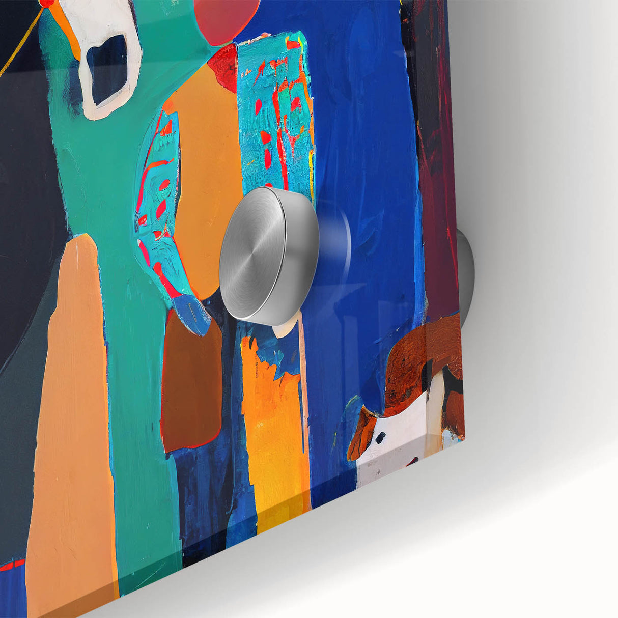 Close-up of abstract figurative wall art on acrylic glass, showcasing vibrant colors and intricate details, perfect for modern home decor.