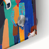 Close-up of abstract figurative wall art on acrylic glass, showcasing vibrant colors and intricate details, perfect for modern home decor.