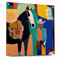 Abstract figurative wall art displayed in a stylish acrylic frame, showcasing vibrant colors and unique shapes. The artwork features a side view with metal pins for easy hanging, perfect for modern home decor.