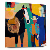 Abstract figurative wall art displayed in an elegant acrylic glass frame, showcasing vibrant colors and dynamic shapes, ideal for modern home decor.