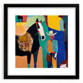 Abstract figurative wall art framed in black with a white mat, showcasing vibrant colors and dynamic shapes, perfect for modern home decor.