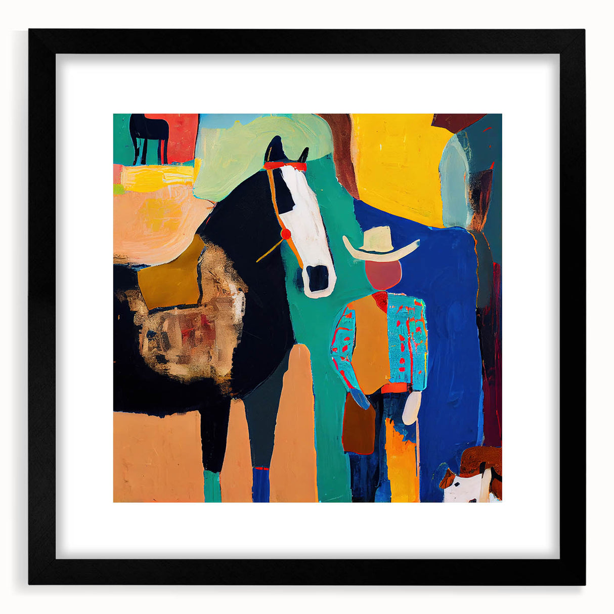Abstract figurative wall art framed in black with a white mat, showcasing vibrant colors and dynamic shapes, perfect for modern home decor.