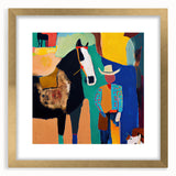 Abstract figurative wall art framed in gold with a mat, showcasing vibrant colors and intricate designs, perfect for modern home decor.