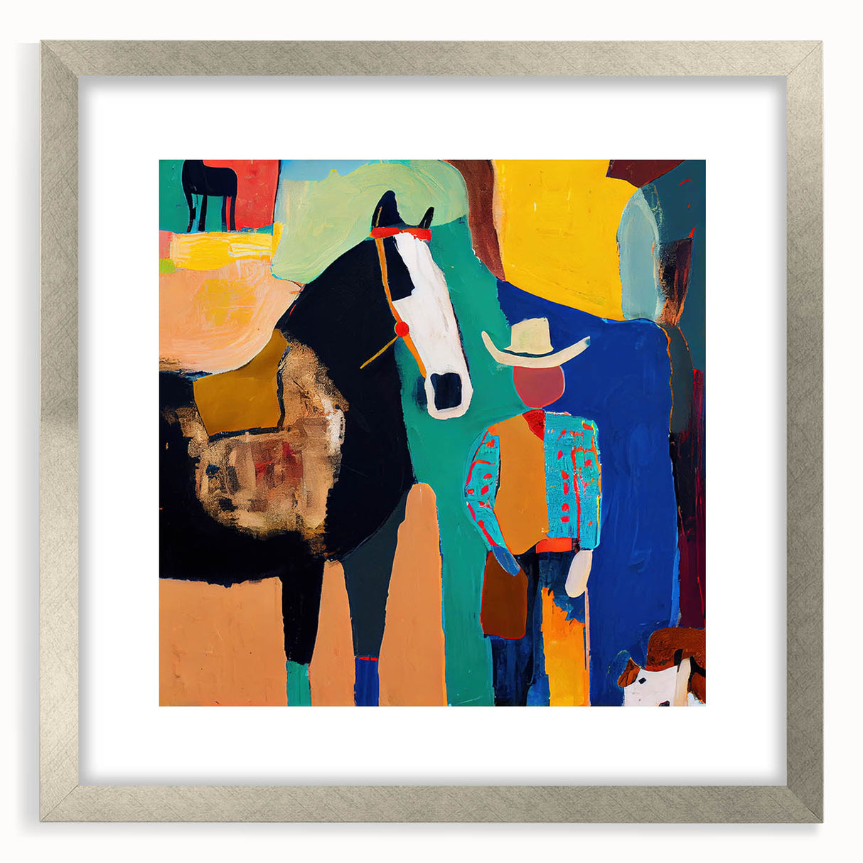 Abstract figurative wall art framed in silver with a mat, showcasing vibrant colors and unique shapes, perfect for modern home decor and enhancing artistic spaces.